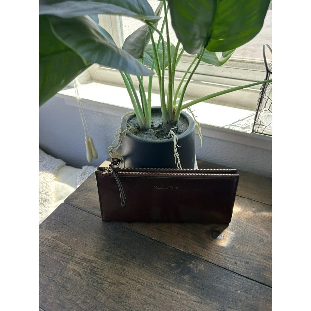 Massimo Dutti Chocolate Brown Leather Double Zip Wallet Large
